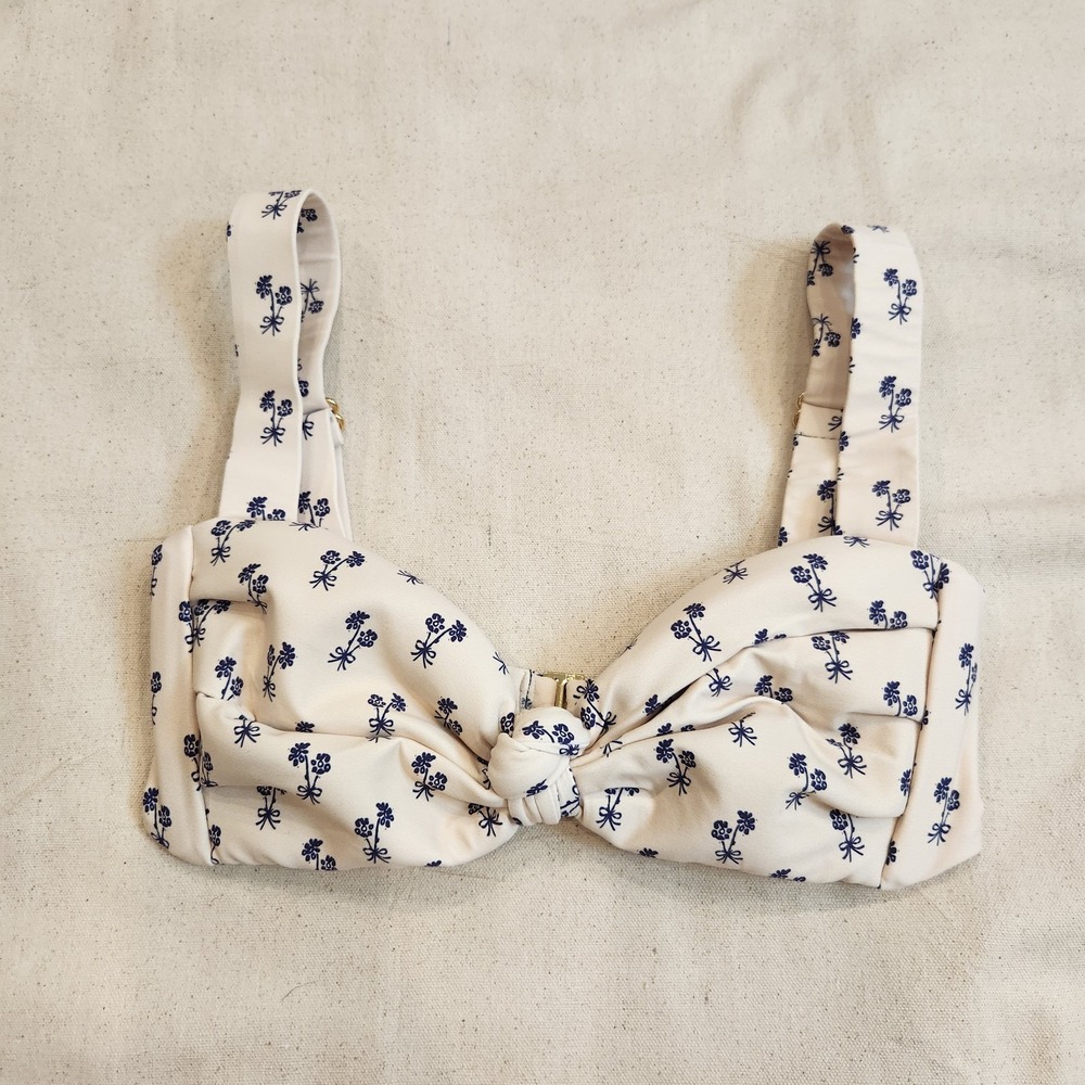 New Montce Knotted Hayden Bikini Top Wide Strap Blue Toile Floral M $152 MSRP
